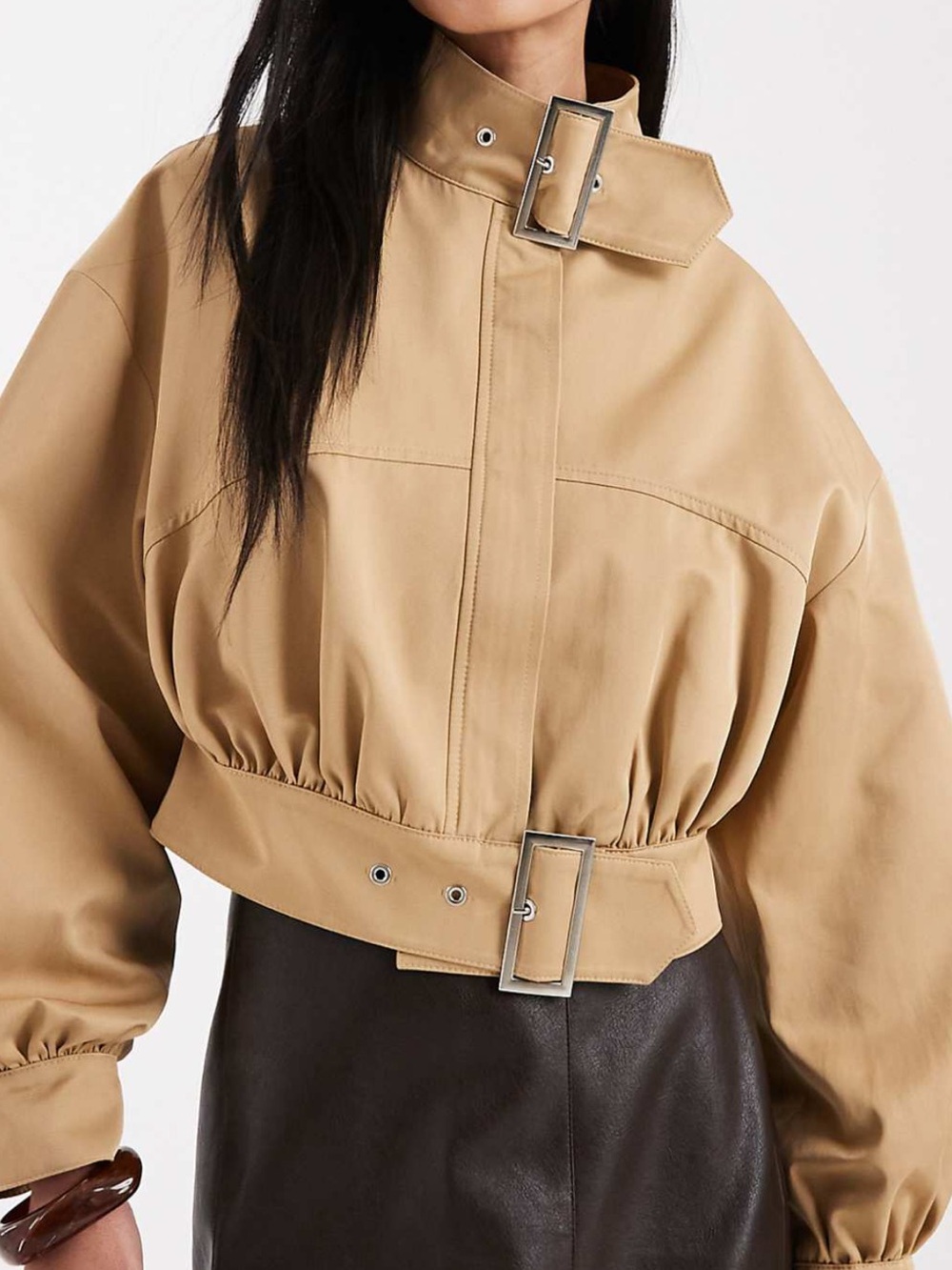 ASOS Cropped Buckle Trench Jacket in Tan - Picture 2 of 4